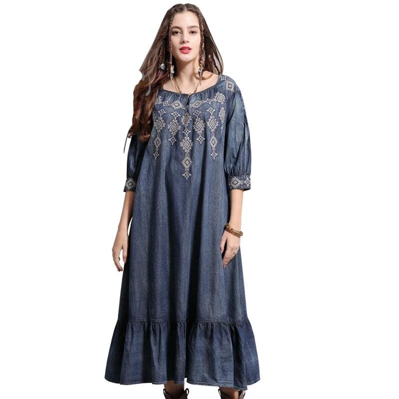 A-line Vintage Embroidery Loose Denim Dress - TeresaCollections