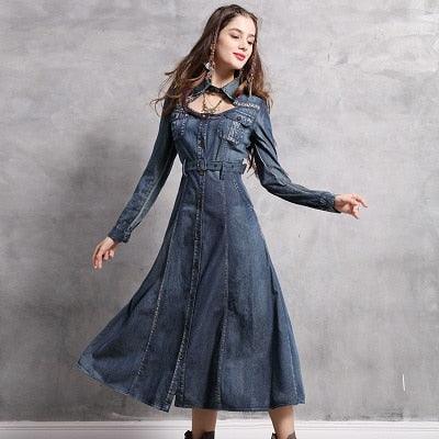 Vintage Embroidery Belted High Waist Denim Boho Dress - TeresaCollections