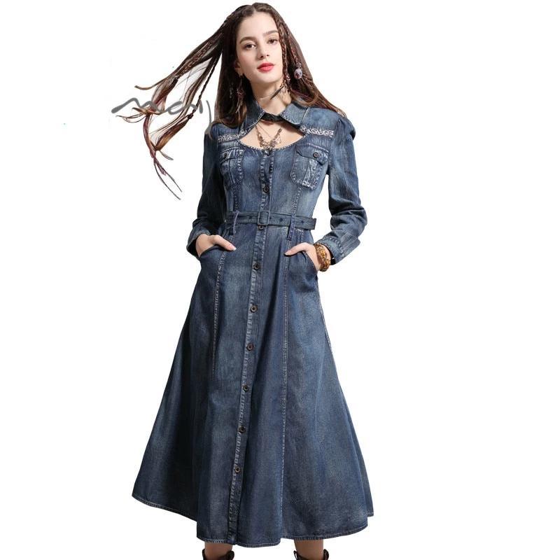 Vintage Embroidery Belted High Waist Denim Boho Dress - TeresaCollections