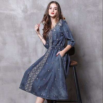 V-Neck A-Line Vintage Embroidery Denim Dress - TeresaCollections