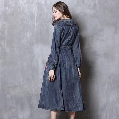 Long Sleeve Vintage Embroidery Belted Denim Dress - TeresaCollections