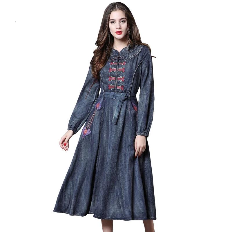 Long Sleeve Vintage Embroidery Belted Denim Dress - TeresaCollections