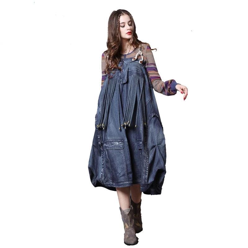 Boho Overalls Denim Dress - TeresaCollections