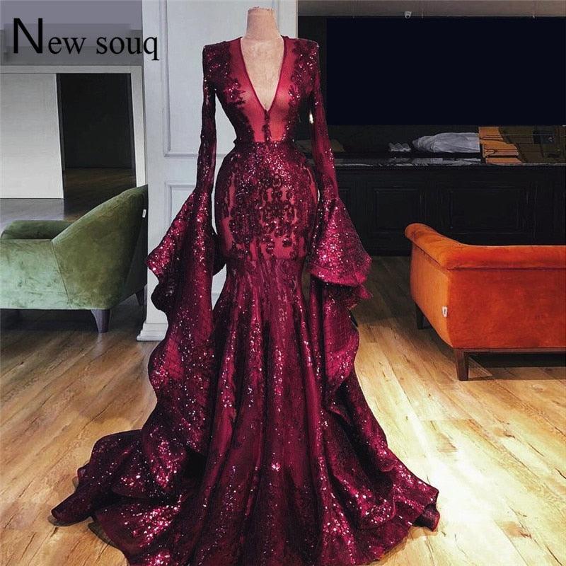 Emerald Green Sequin Muslim Evening Dresses Long Sleeves High Neck Arabic  Women Formal Gowns Dubai Plus Size Wedding Par