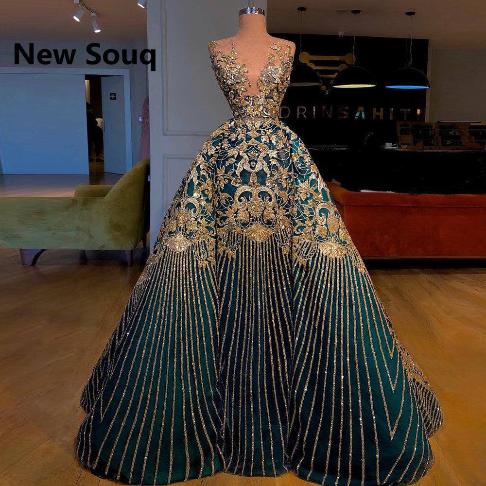 Elegant Golden Sequin Applique A-Line Evening Dress With Detachable Skirt - TeresaCollections