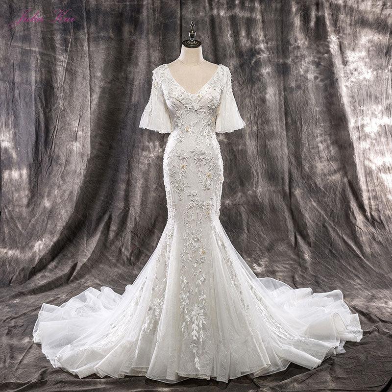 Elegant Mermaid Beaded Crystals Embroidery V-neck  Gown with Wedding Dress - TeresaCollections