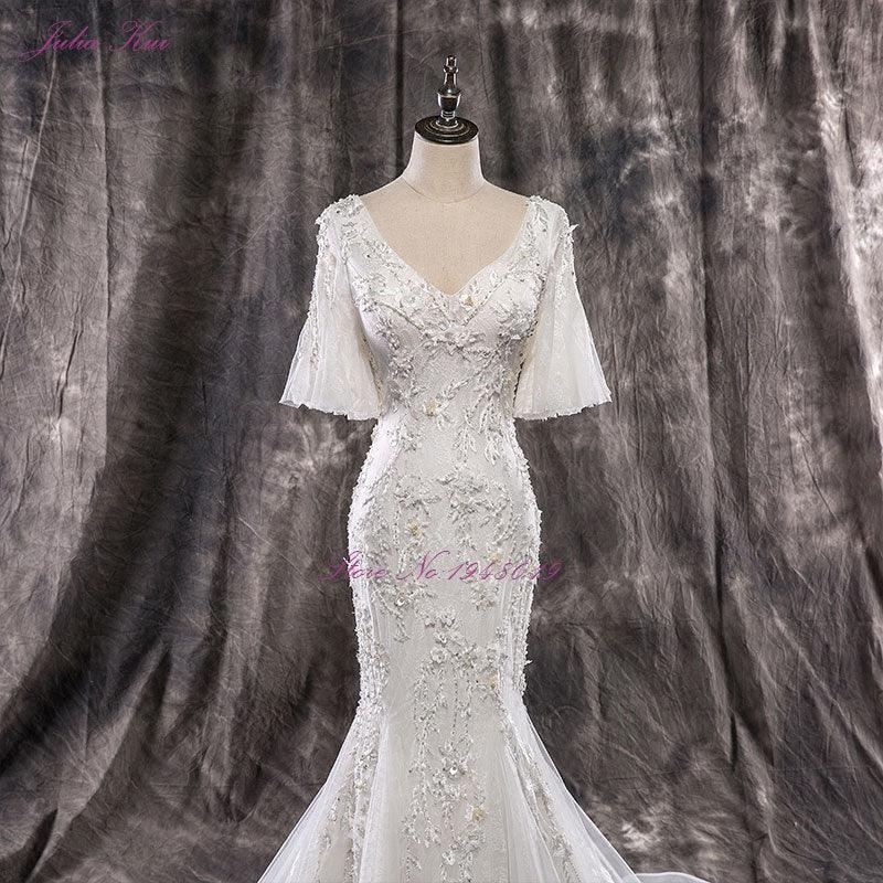 Elegant Mermaid Beaded Crystals Embroidery V-neck  Gown with Wedding Dress - TeresaCollections