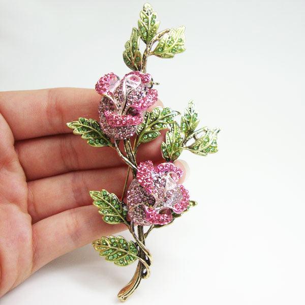 Elegant Pink Flower Rose Woman Brooch Pin Rhinestone Crystal Gold-Tone - TeresaCollections