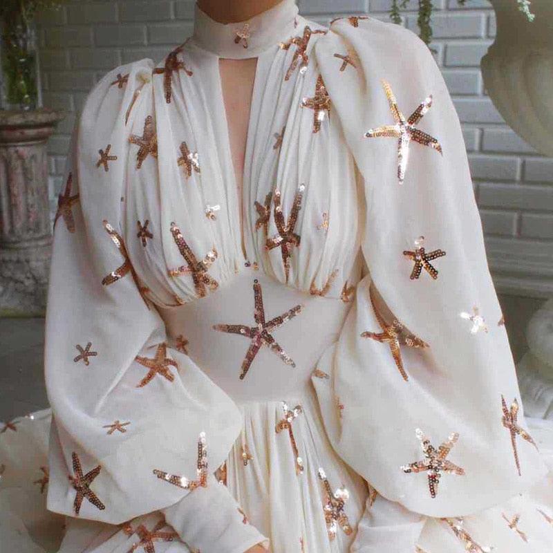 Elegant Chiffon Dress Sequined High Slit Long Maxi Dress - TeresaCollections