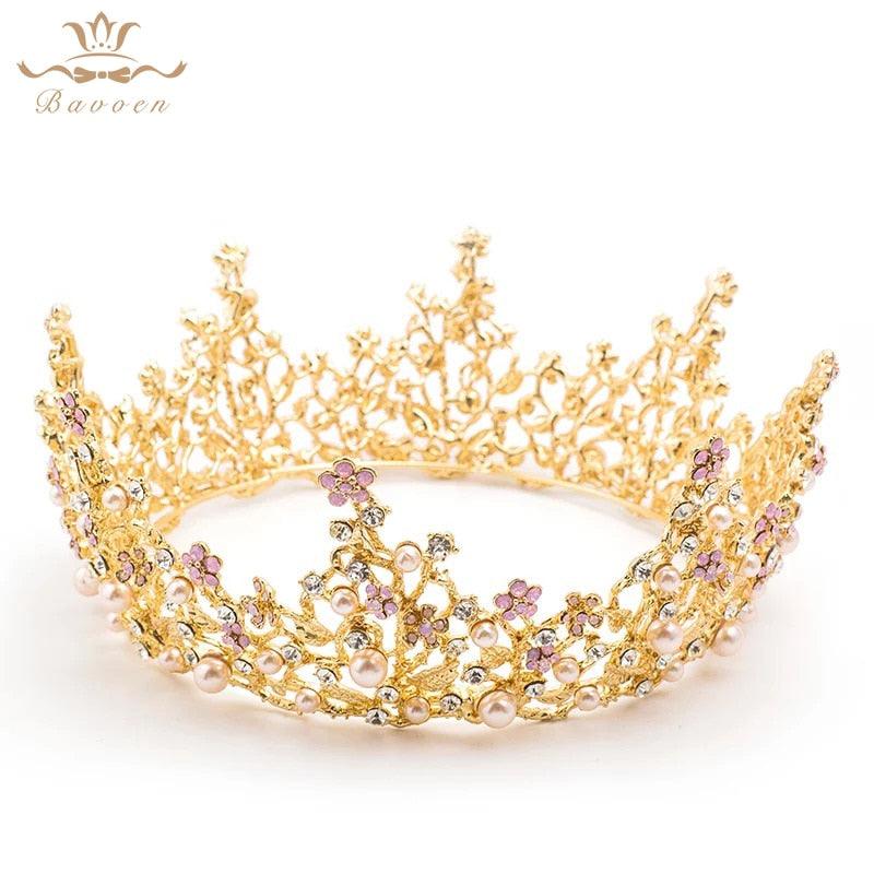 European Gold Pearls Crystal Baroque Plated Pink Rhinestone Tiara - TeresaCollections