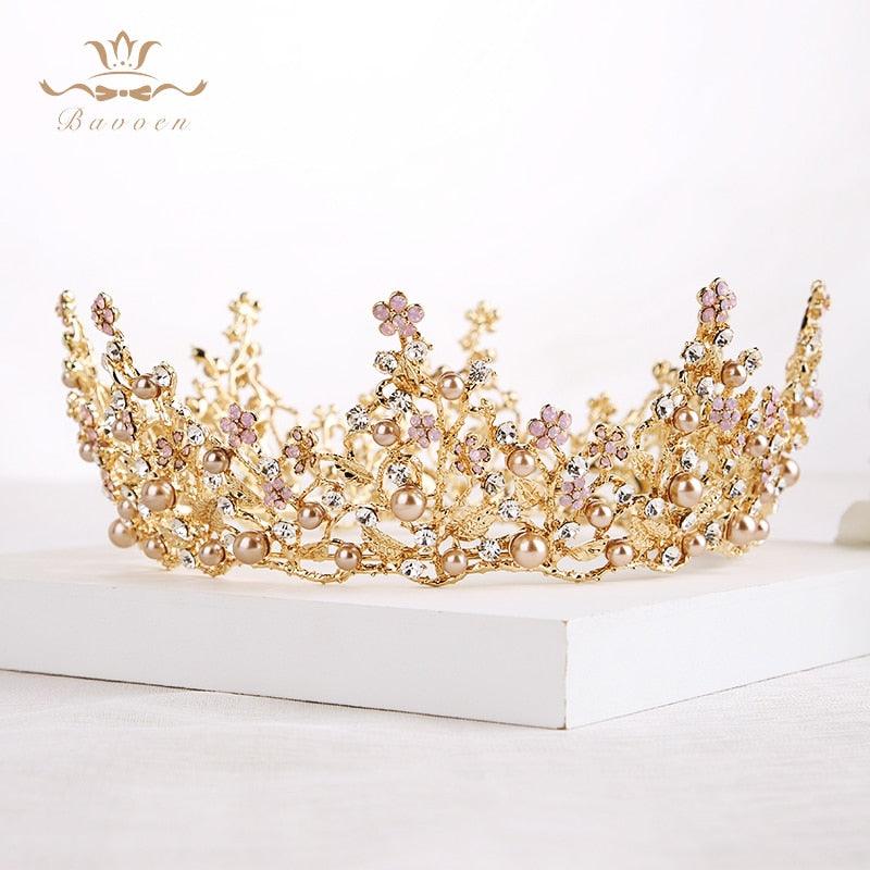 European Gold Pearls Crystal Baroque Plated Pink Rhinestone Tiara - TeresaCollections