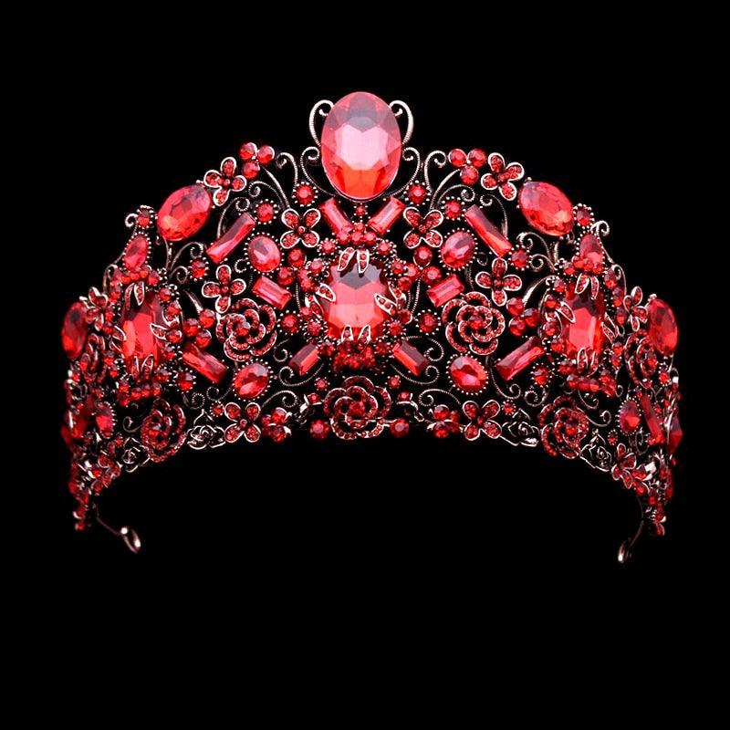 European Luxury Vintage Large Queen Diadem Red Rhinestone Baroque Crown Crystal Bridal Tiara - TeresaCollections