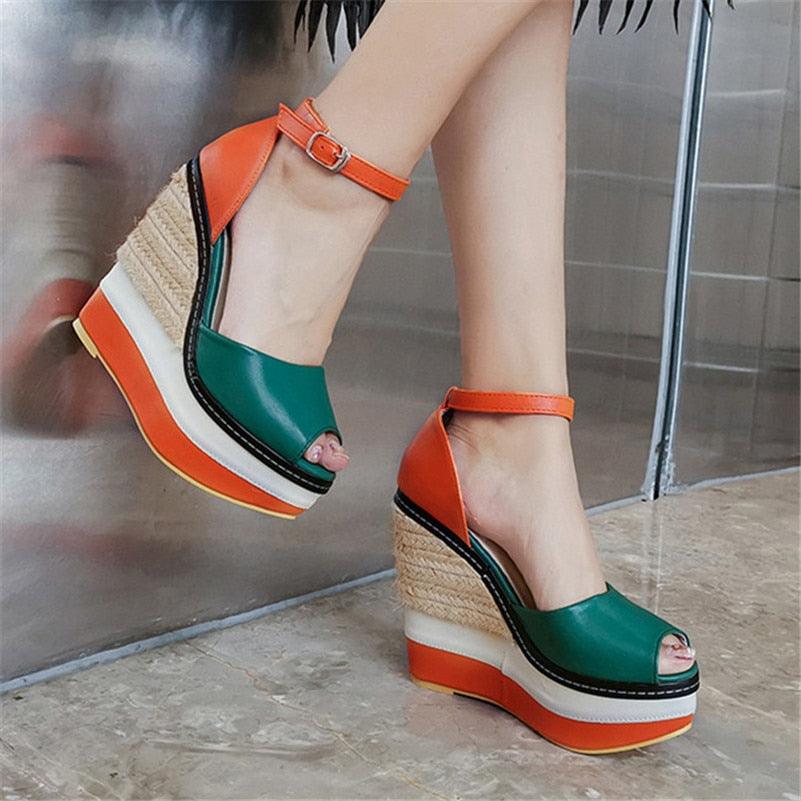 Color-block  Peep Toe Fashion Wedges Platforms - TeresaCollections