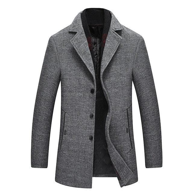 Solid Color Wool Blends Woolen Pea Coat Male Trench Coat - TeresaCollections