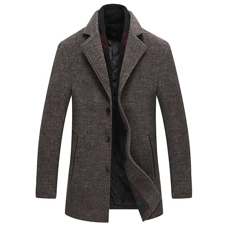 Solid Color Wool Blends Woolen Pea Coat Male Trench Coat - TeresaCollections
