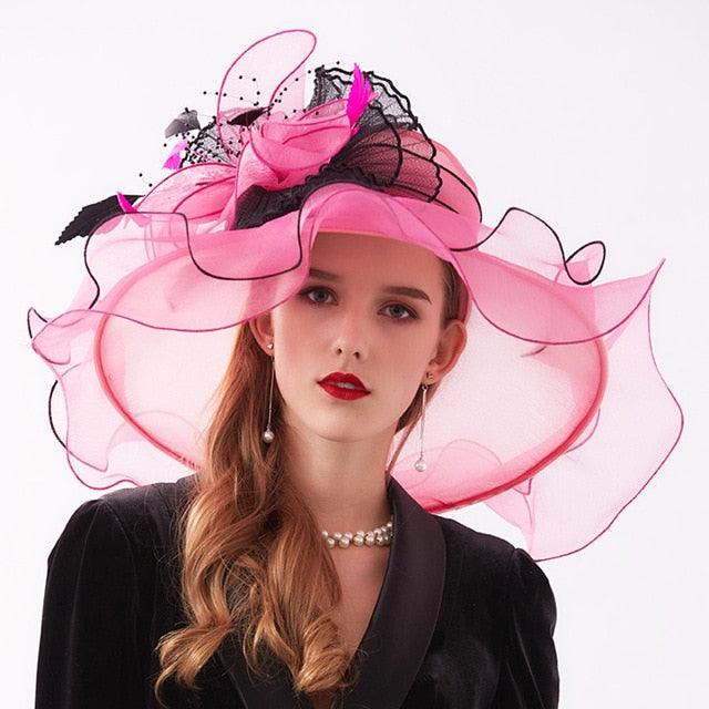 Elegant Pink Organza Ladies Tea Party Hat - TeresaCollections