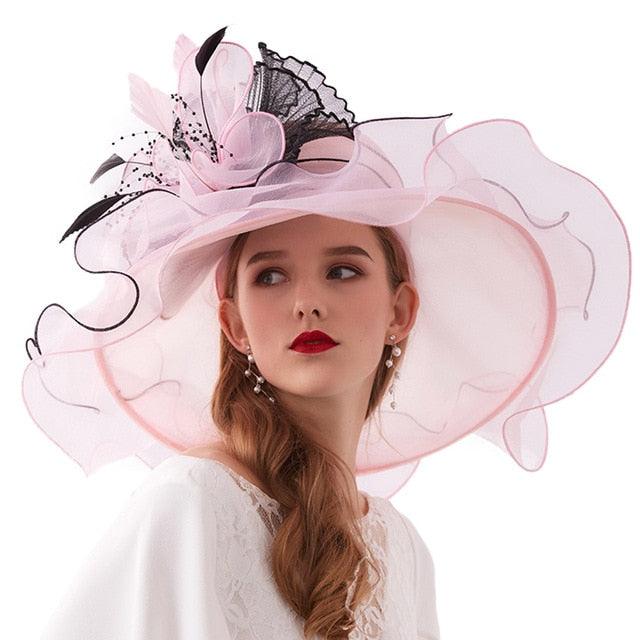 Elegant Pink Organza Ladies Tea Party Hat - TeresaCollections