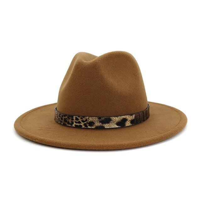 Leopard Grain Felt Wide Brim Plain Felted Woolen  Fedora Hat - TeresaCollections