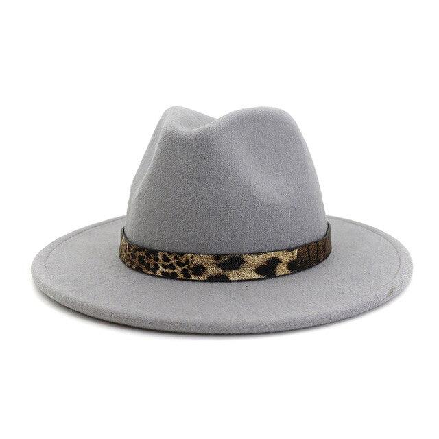 Leopard Grain Felt Wide Brim Plain Felted Woolen  Fedora Hat - TeresaCollections