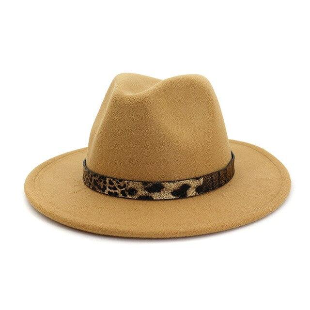 Leopard Grain Felt Wide Brim Plain Felted Woolen  Fedora Hat - TeresaCollections