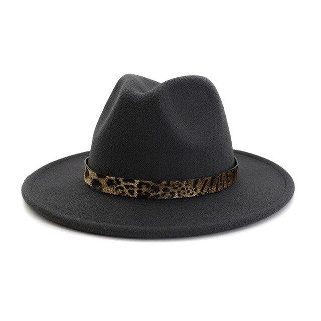 Leopard Grain Felt Wide Brim Plain Felted Woolen  Fedora Hat - TeresaCollections