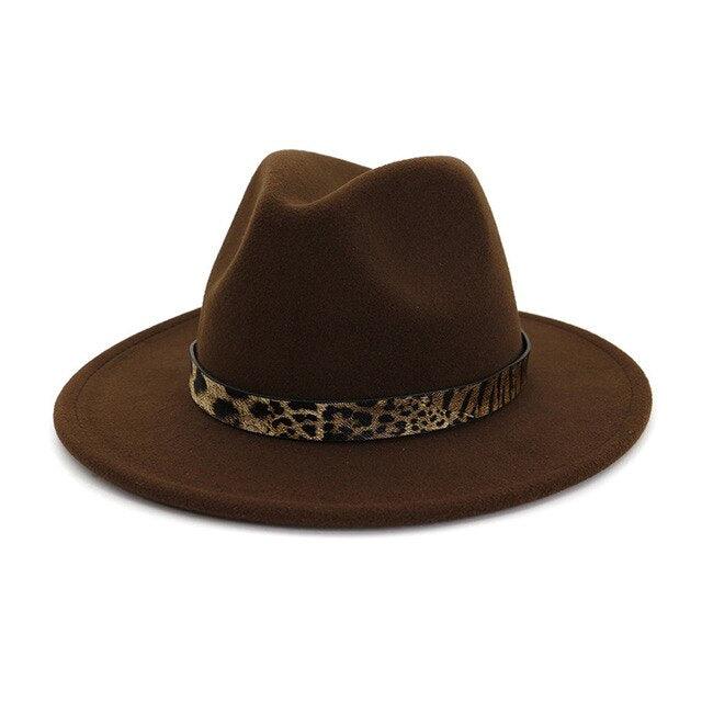 Leopard Grain Felt Wide Brim Plain Felted Woolen  Fedora Hat - TeresaCollections