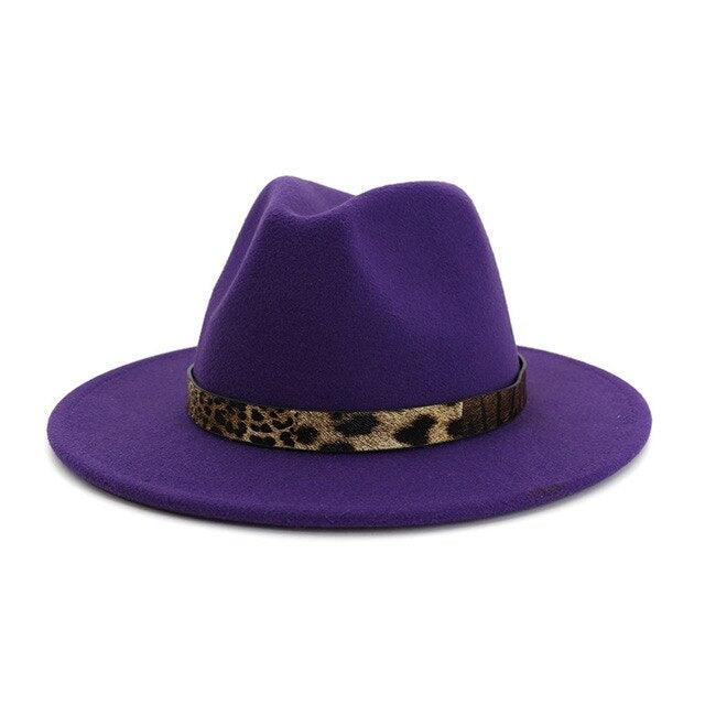 Leopard Grain Felt Wide Brim Plain Felted Woolen  Fedora Hat - TeresaCollections