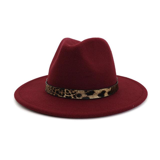 Leopard Grain Felt Wide Brim Plain Felted Woolen  Fedora Hat - TeresaCollections