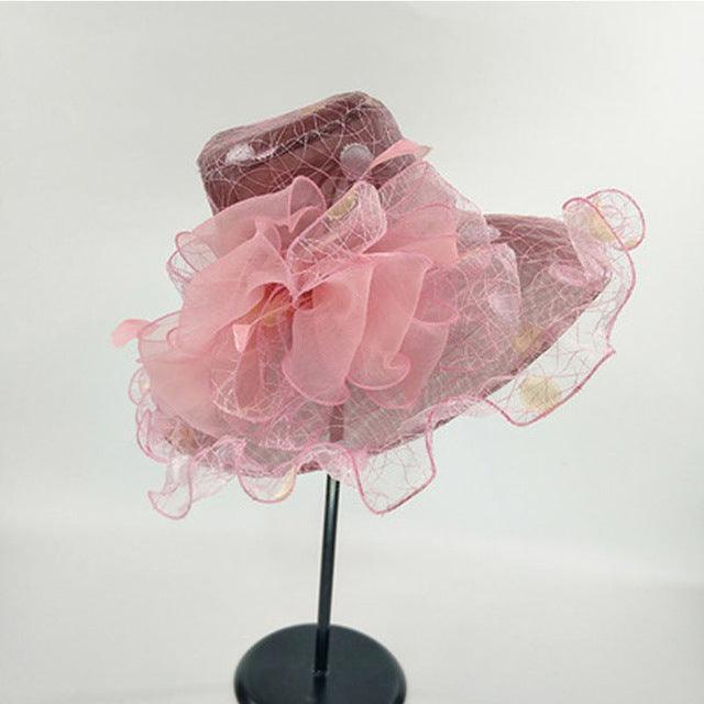 Summer Organza Elegant Big Flower Wide Brim Fedora Beach Church Party Kentucky Derby Hats - TeresaCollections