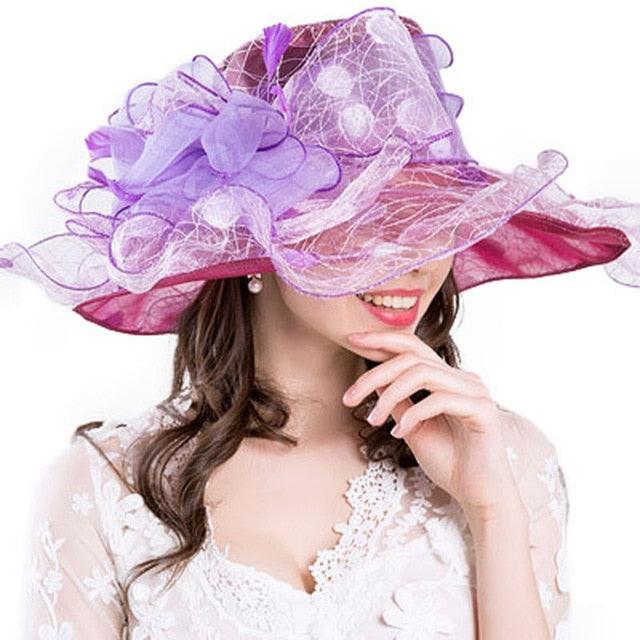 Summer Organza Elegant Big Flower Wide Brim Fedora Beach Church Party Kentucky Derby Hats - TeresaCollections