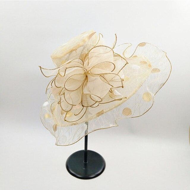 Summer Organza Elegant Big Flower Wide Brim Fedora Beach Church Party Kentucky Derby Hats - TeresaCollections