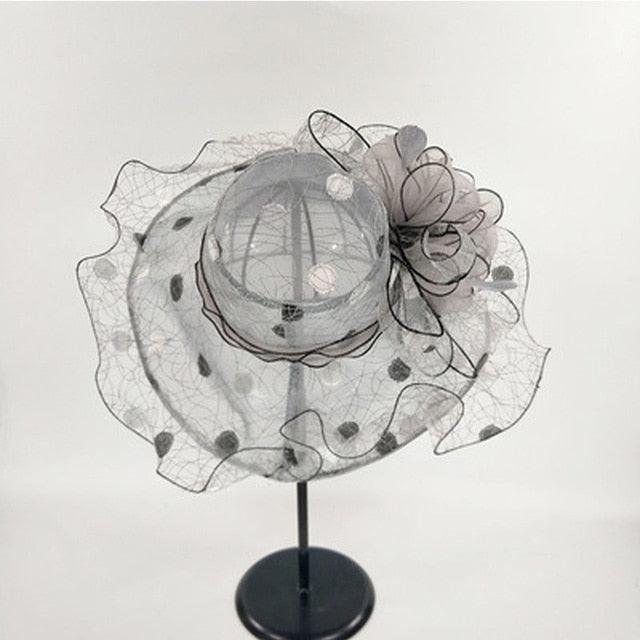 Summer Organza Elegant Big Flower Wide Brim Fedora Beach Church Party Kentucky Derby Hats - TeresaCollections