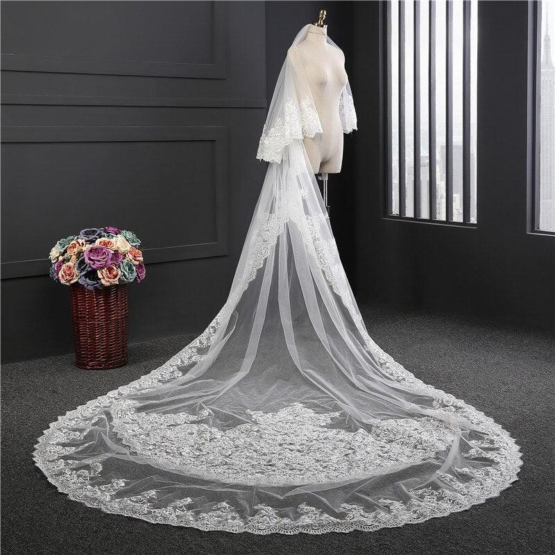 5 Meter White Ivory Cathedral Long Lace Edge Bridal Wedding Veil - TeresaCollections