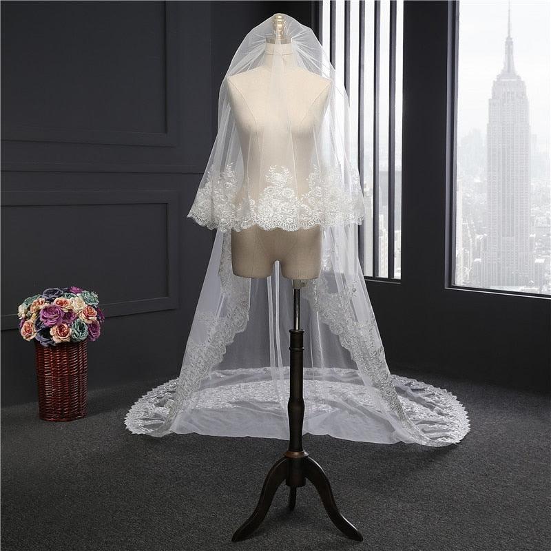 5 Meter White Ivory Cathedral Long Lace Edge Bridal Wedding Veil - TeresaCollections