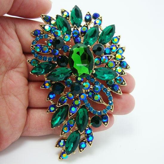 Fashion Flower Art Deco Oval Floral Brooch Pin Green Rhinestone Crystal Pendant - TeresaCollections