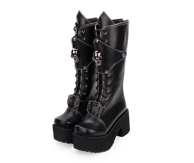 Red High Heels Platform Lolita Boots Zipper Skull Punk - TeresaCollections