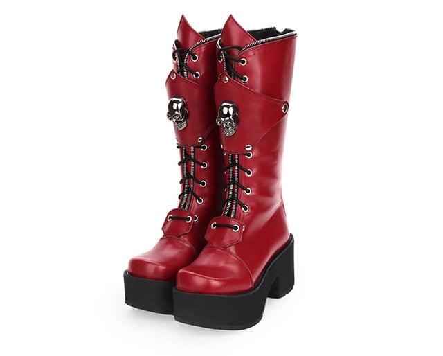 Red High Heels Platform Lolita Boots Zipper Skull Punk - TeresaCollections