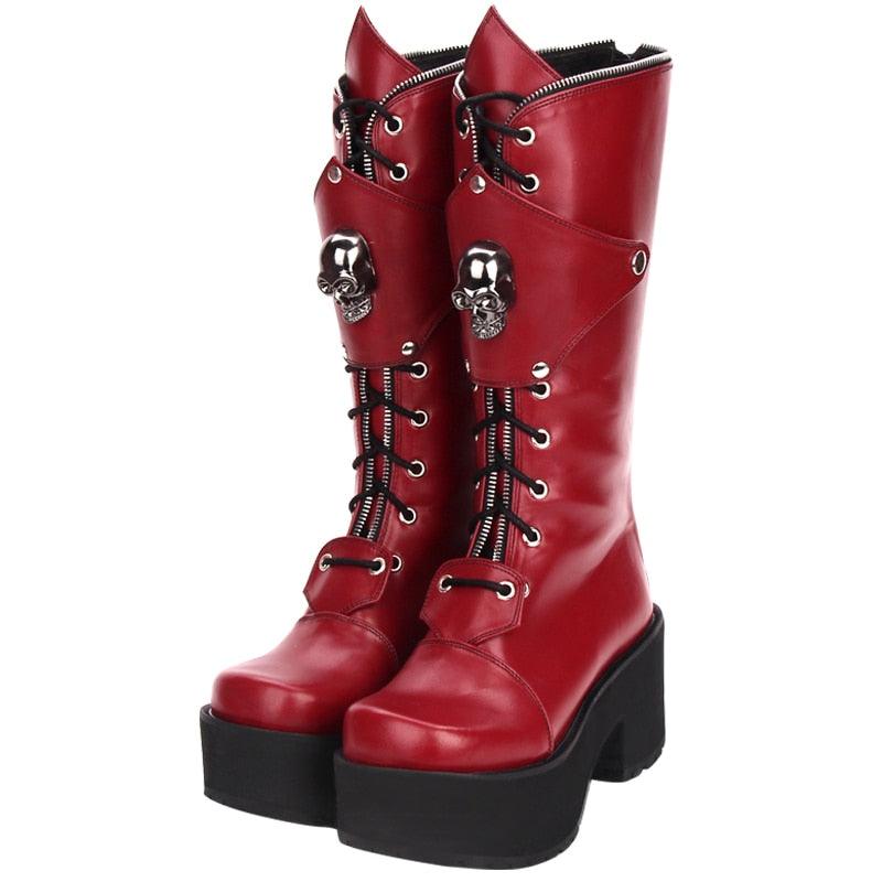 Red High Heels Platform Lolita Boots Zipper Skull Punk - TeresaCollections