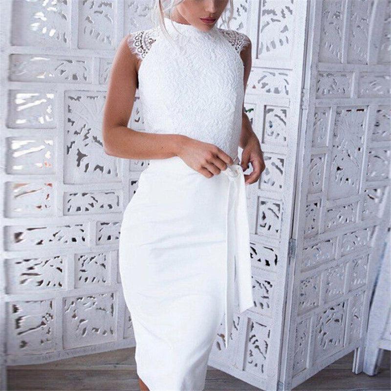 White Floral Lace Bodycon Pencil Dress - TeresaCollections