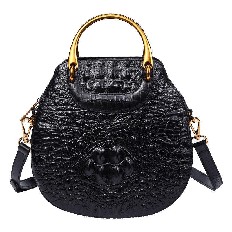 Black Real Genuine Leather Crocodile Head Pattern Metal Handle Luxury Handle - TeresaCollections