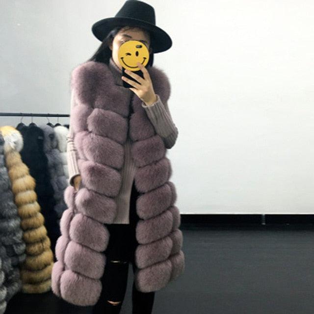 Casual Warm Slim Sleeveless Long Faux Fox Fur Jacket - TeresaCollections