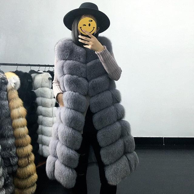 Casual Warm Slim Sleeveless Long Faux Fox Fur Jacket - TeresaCollections