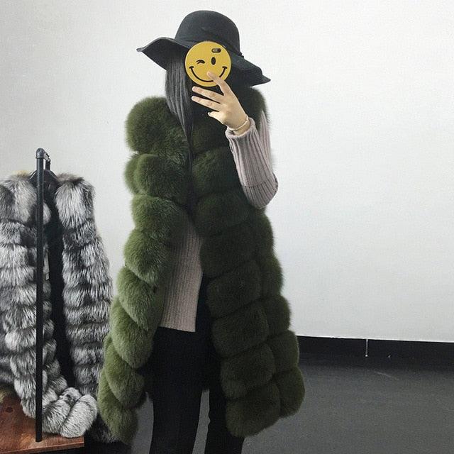 Casual Warm Slim Sleeveless Long Faux Fox Fur Jacket - TeresaCollections