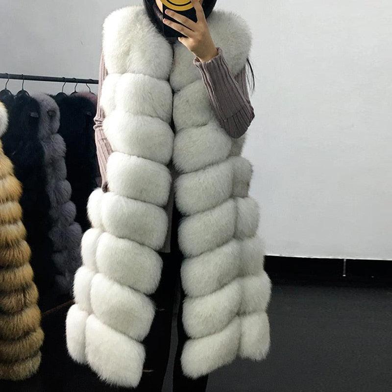 Casual Warm Slim Sleeveless Long Faux Fox Fur Jacket - TeresaCollections