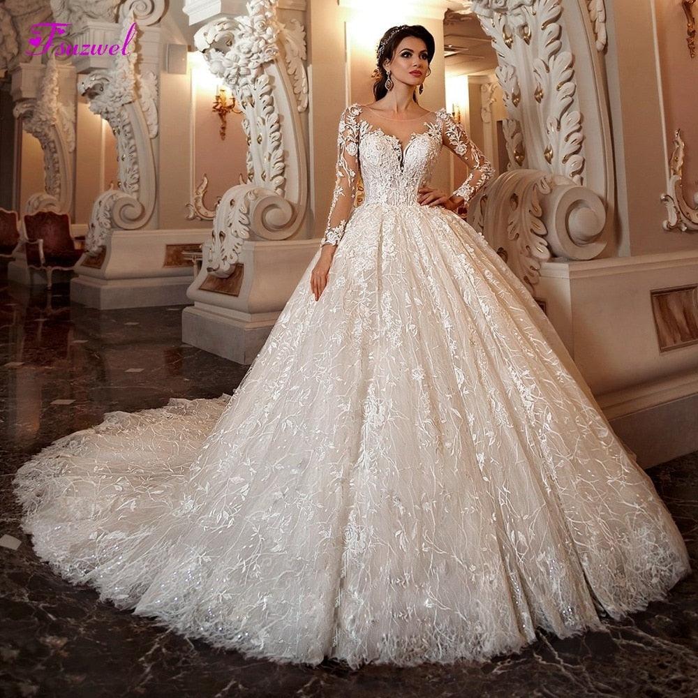2022 New Puffy Ball Gown Wedding Dresses Off Shoulder Full Sleeves Lace  Appliques Floor Length Plus Size Formal Bridal Gowns - Wedding Dresses -  AliExpress