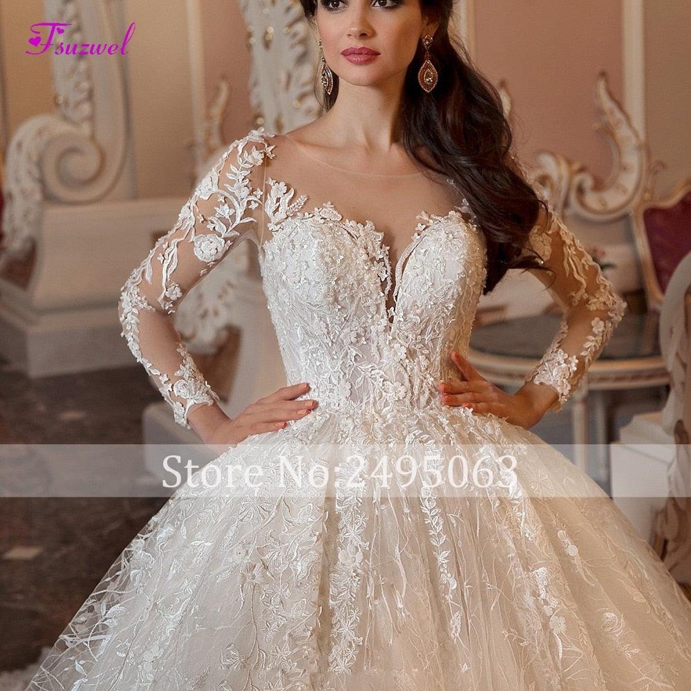 Gorgeous Chapel Train Lace Scoop Neck Long Sleeve Beaded Princess Bride  Ball Gown Wedding Dress - TeresaCollections