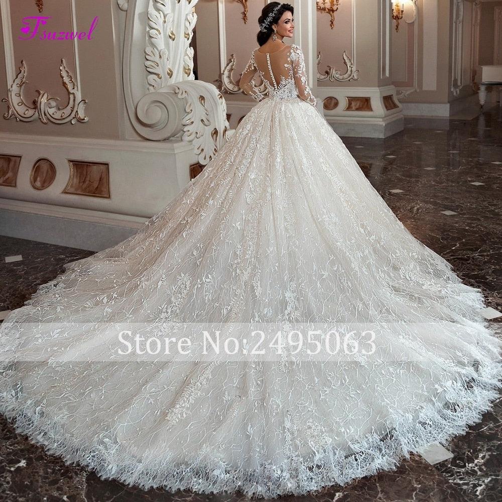 Gorgeous Chapel Train Lace Scoop Neck Long Sleeve Beaded Princess Bride  Ball Gown Wedding Dress - TeresaCollections