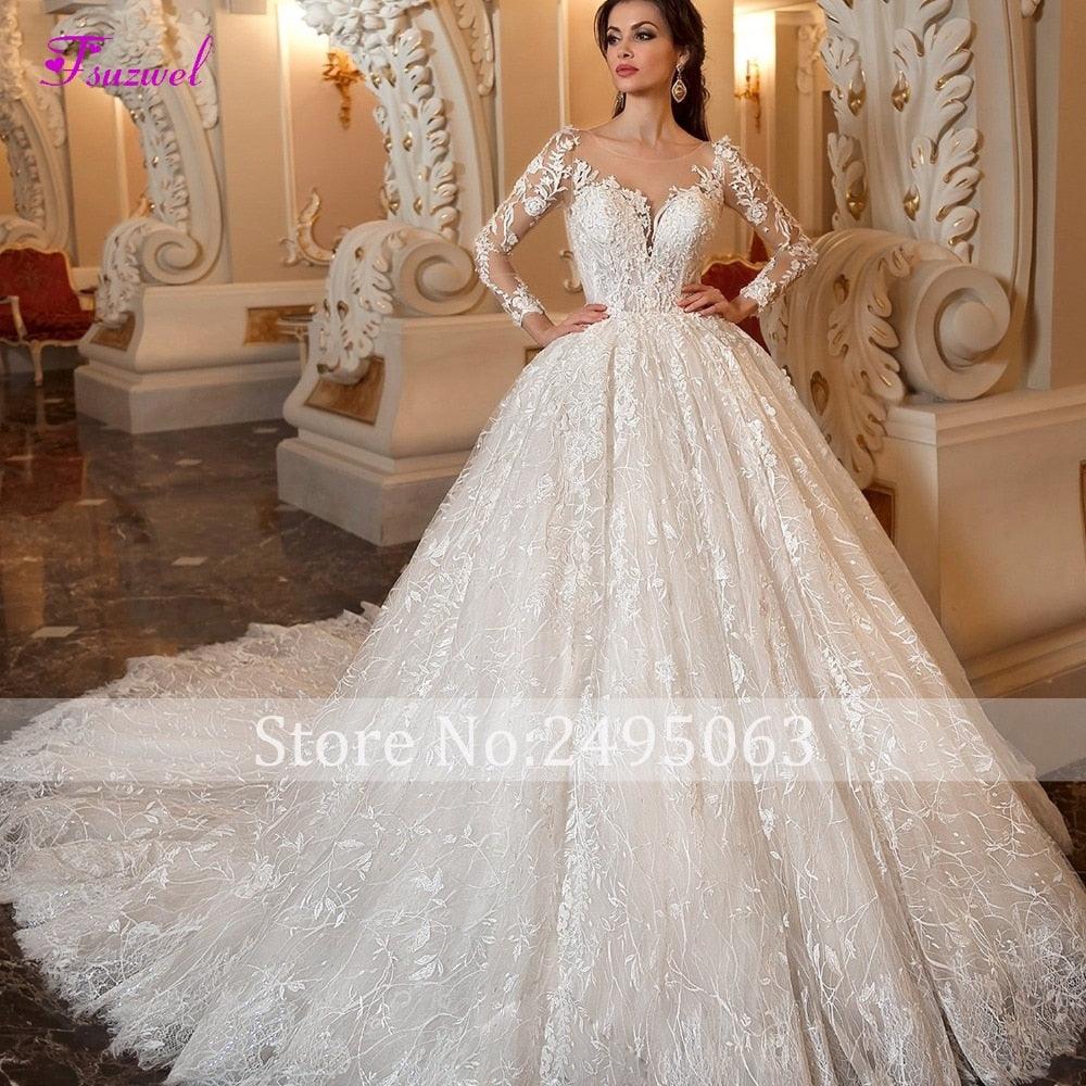 Gorgeous Chapel Train Lace Scoop Neck Long Sleeve Beaded Princess Bride  Ball Gown Wedding Dress - TeresaCollections