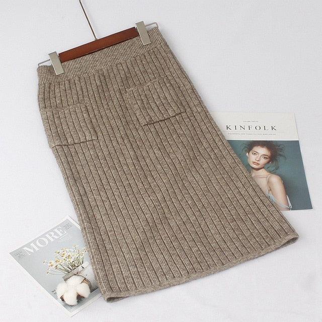 Elegant Ribbed Knitted Pencil Midi Sweater Skirt - TeresaCollections