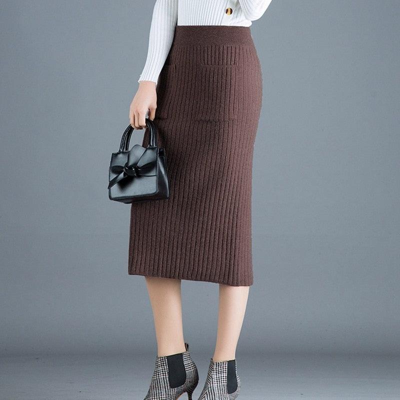 Elegant Ribbed Knitted Pencil Midi Sweater Skirt - TeresaCollections